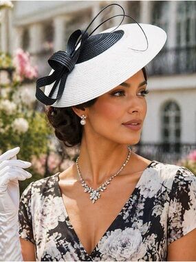Elegant Black and White Sunday Bow wide brim Hat